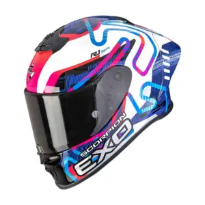 Casco moto integrale Scorpion Exo-R1 Evo II Cornering Bianco Blu Rosa