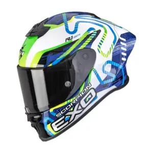 Casco moto integrale Scorpion Exo-R1 Evo II Cornering Bianco Blu Verde